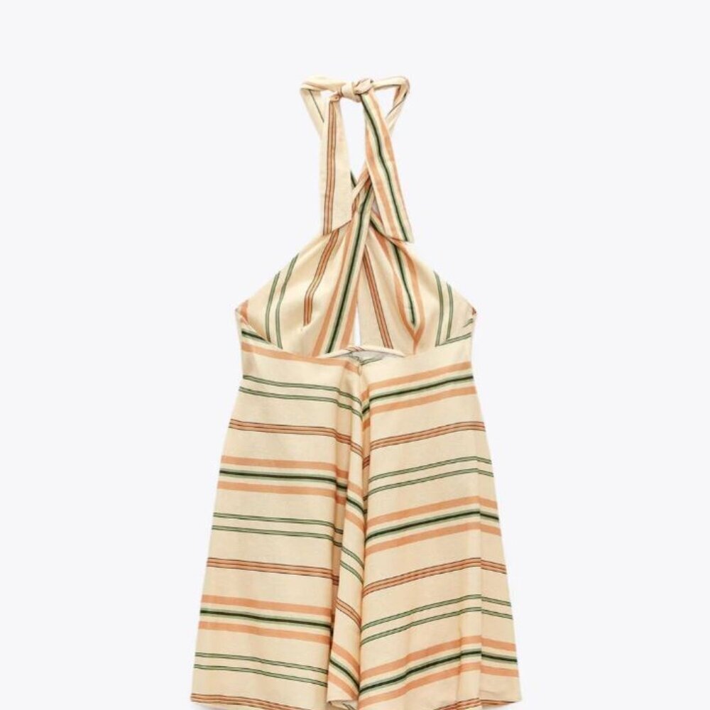 Zara Bnwt Striped Linen Blend High Neck Cream Swing Mini Dress Xs 6929 303 733